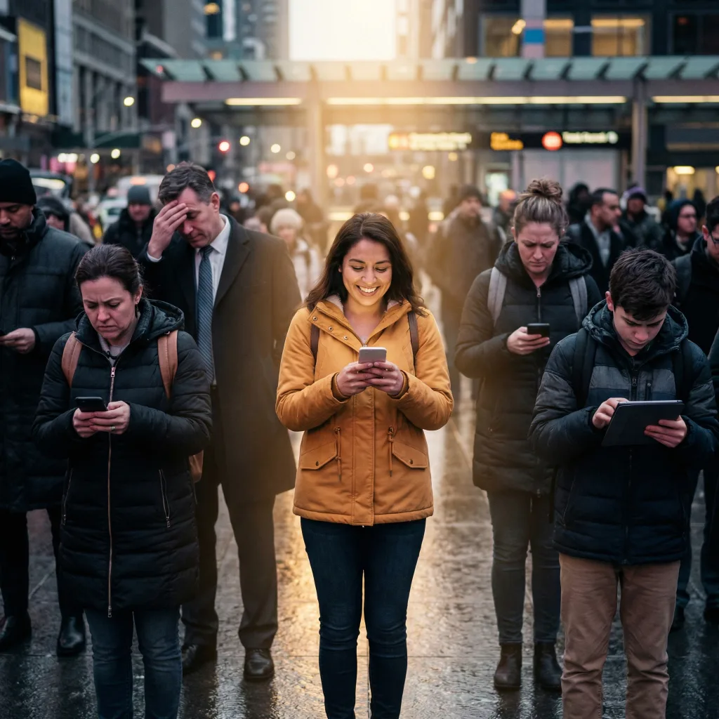 A diverse community of people on a city street, one smiling as she refills her phone