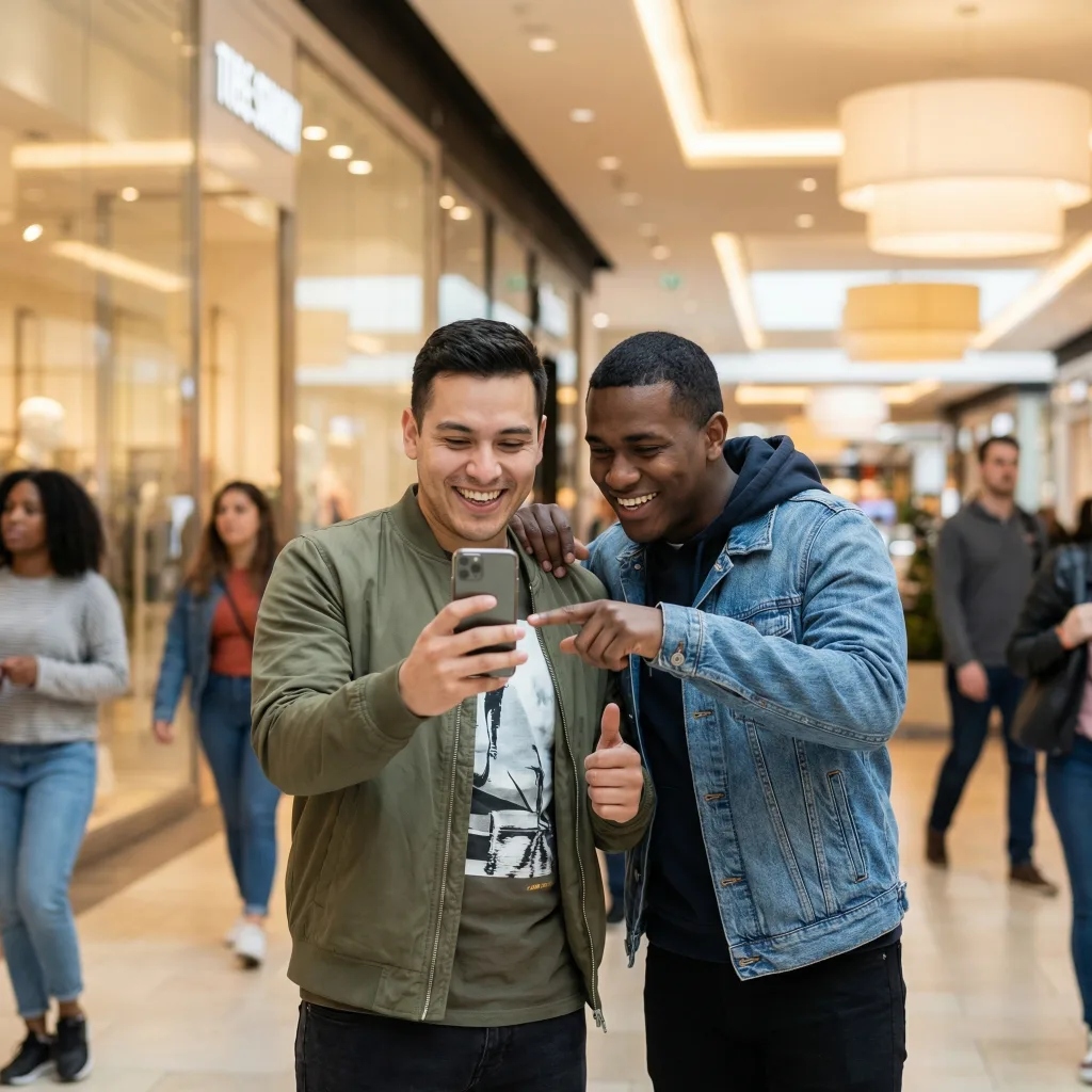Two friends laughing as one shows the other a refill on his phone